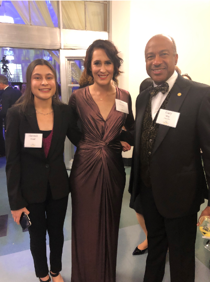 Hope Bovenzi (middle) and her mentee with Chancellor May at the Cal Aggie Alumni Association Awards. (Hope Bovenzi/UC Davis)