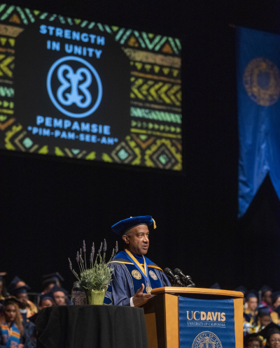 Chancellor May speaks at the UC Davis Black Graduation at the Mondavi Center for the Performing Arts on June 16, 2019.