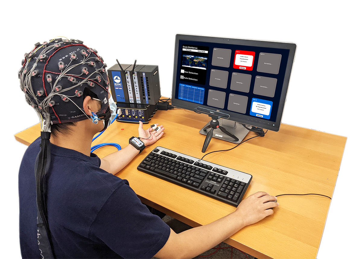 Person wears a cap with wires on their head and sits at computer