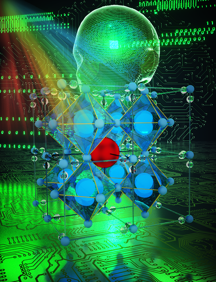 3D mockup that shows green and blue microchips, cubes and other images that show a crystalline structure and solar cells