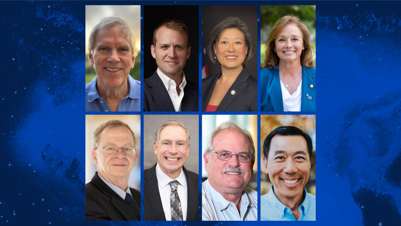 Several pictures of the award recipients on a blue background