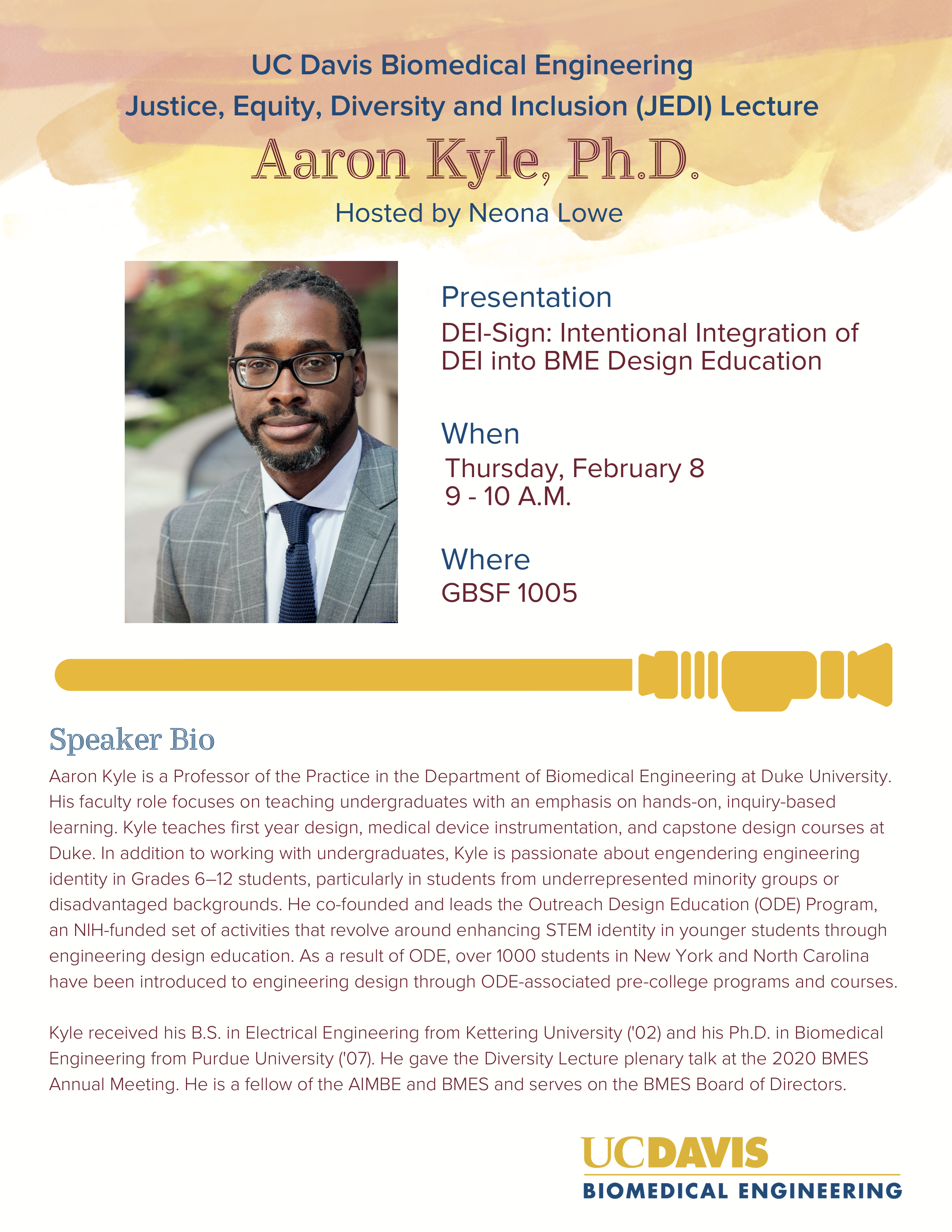 About the Speaker:  Aaron Kyle is a Professor of the Practice in the Department of Biomedical Engineering at Duke University. His faculty role focuses on teaching undergraduates with an emphasis on hands-on, inquiry-based learning. Kyle teaches first year design, medical device instrumentation, and capstone design courses at Duke. In addition to working with undergraduates, Kyle is passionate about engendering engineering identity in Grades 6 – 12 students, particularly in students from underrepresented min