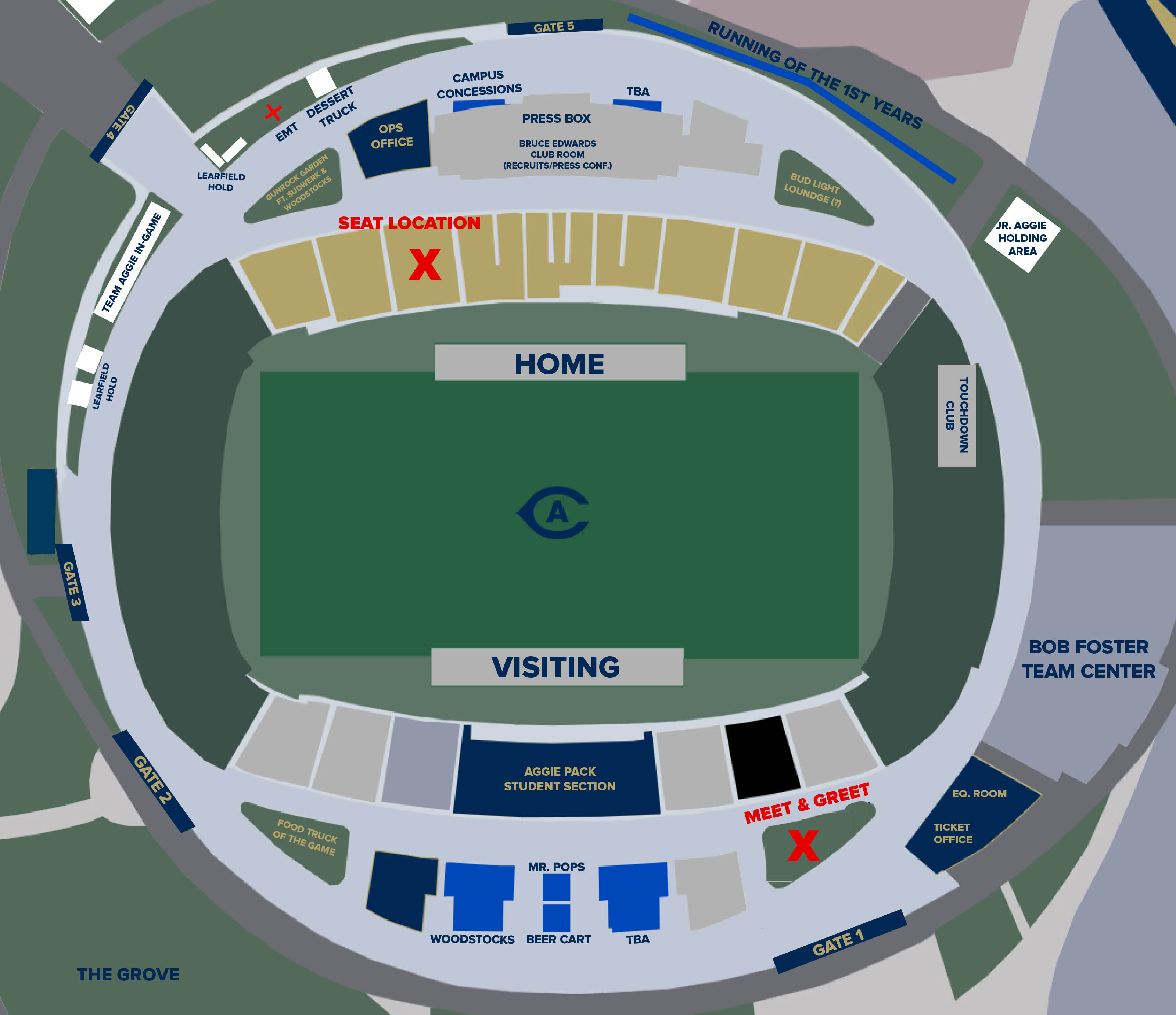 map of halftime huddle seat location and meeting place