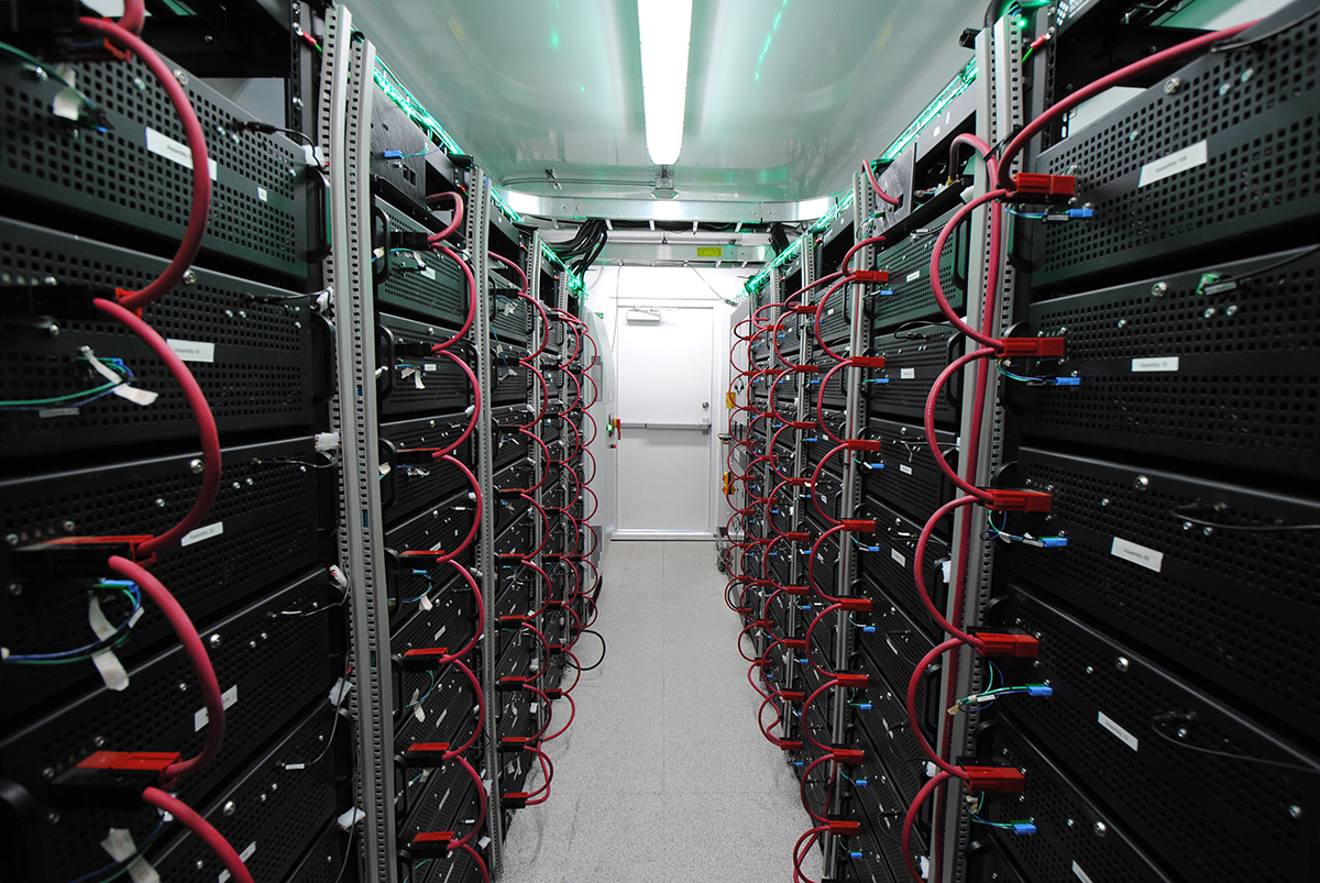 Inside a shipping container with EV batteries