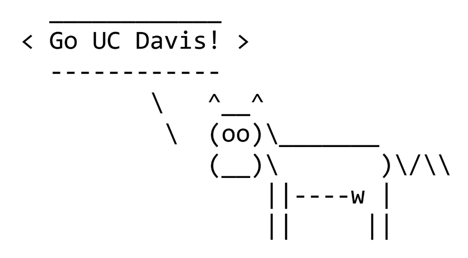 Computer characters put together to show a cow with a speech bubble that reads Go UC Davis!