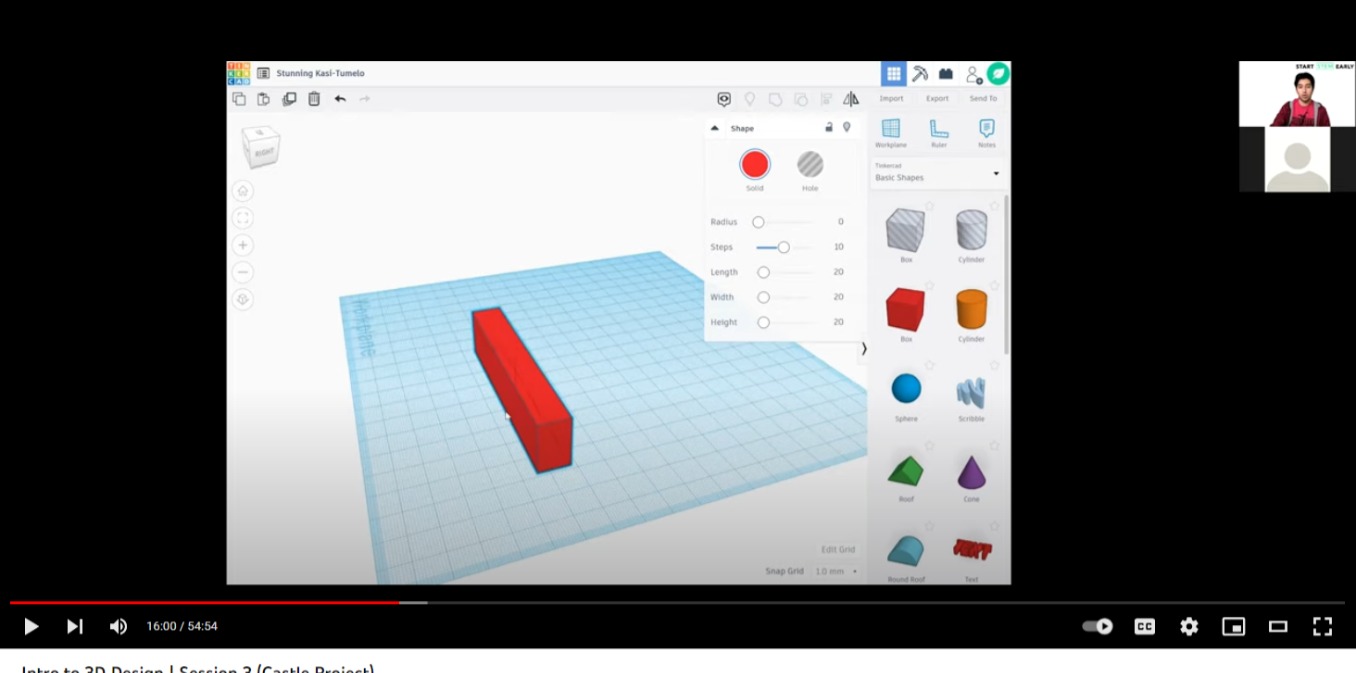 Zoom meeting screenshot with two speaker boxes in the top right corner and a presentation in the center which shows different shapes in a 3D scape