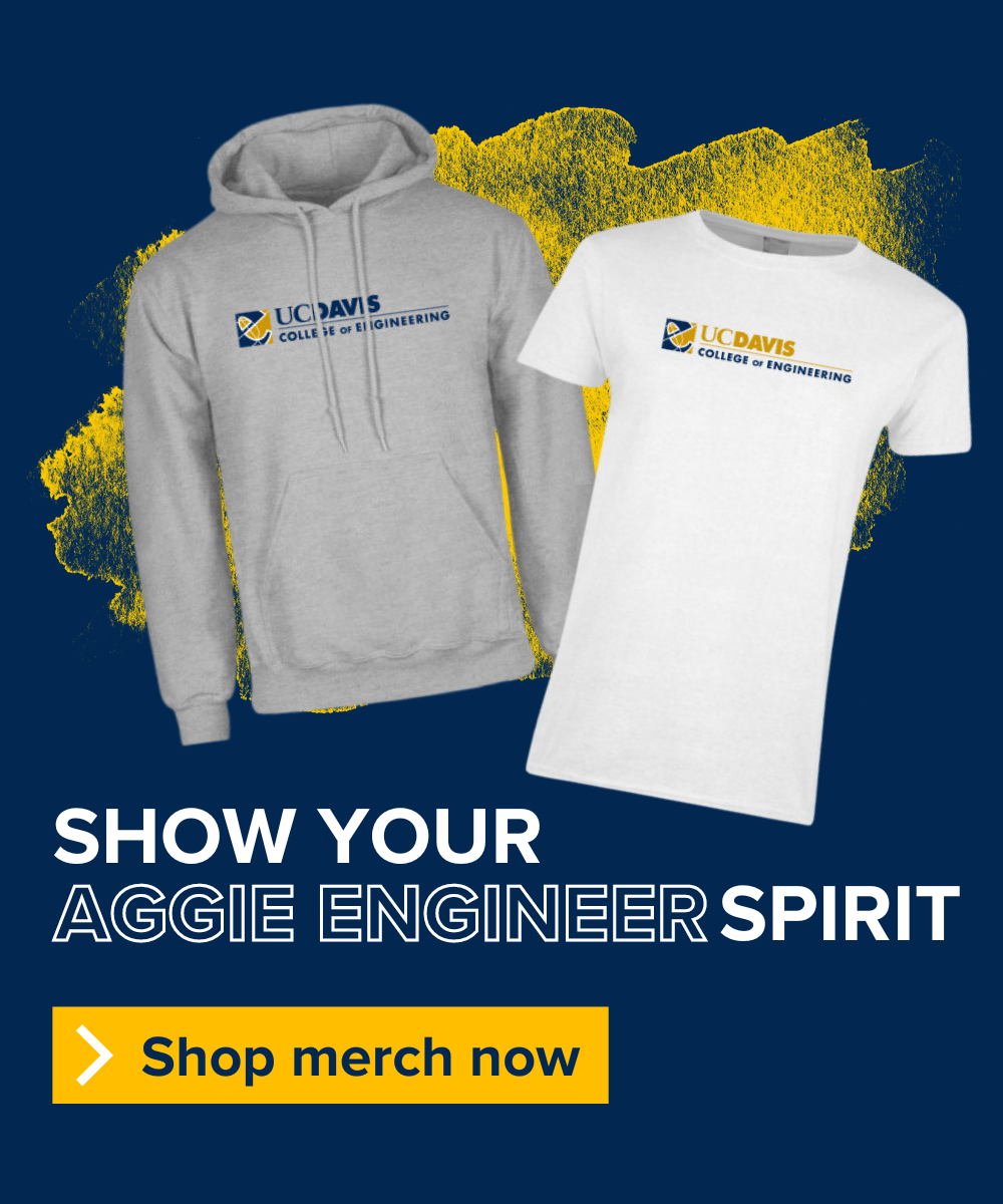 Blue background with UC Davis shirts and text that reads Show your Aggie Engineer Spirit Order Merch Now