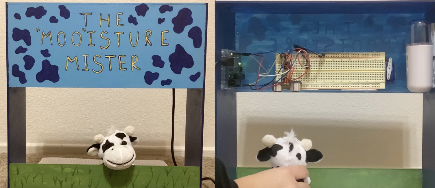 Cow plush toy and prototype that reads "The Mooisture Mister" 