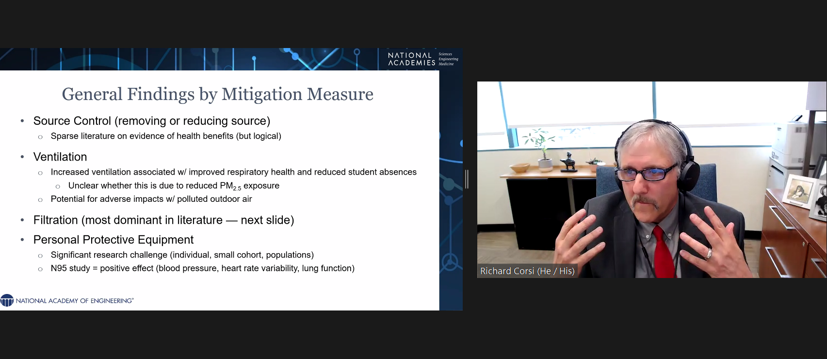 Screenshot of a slideshow on the left and Dean Richard Corsi on the right from an online webinar