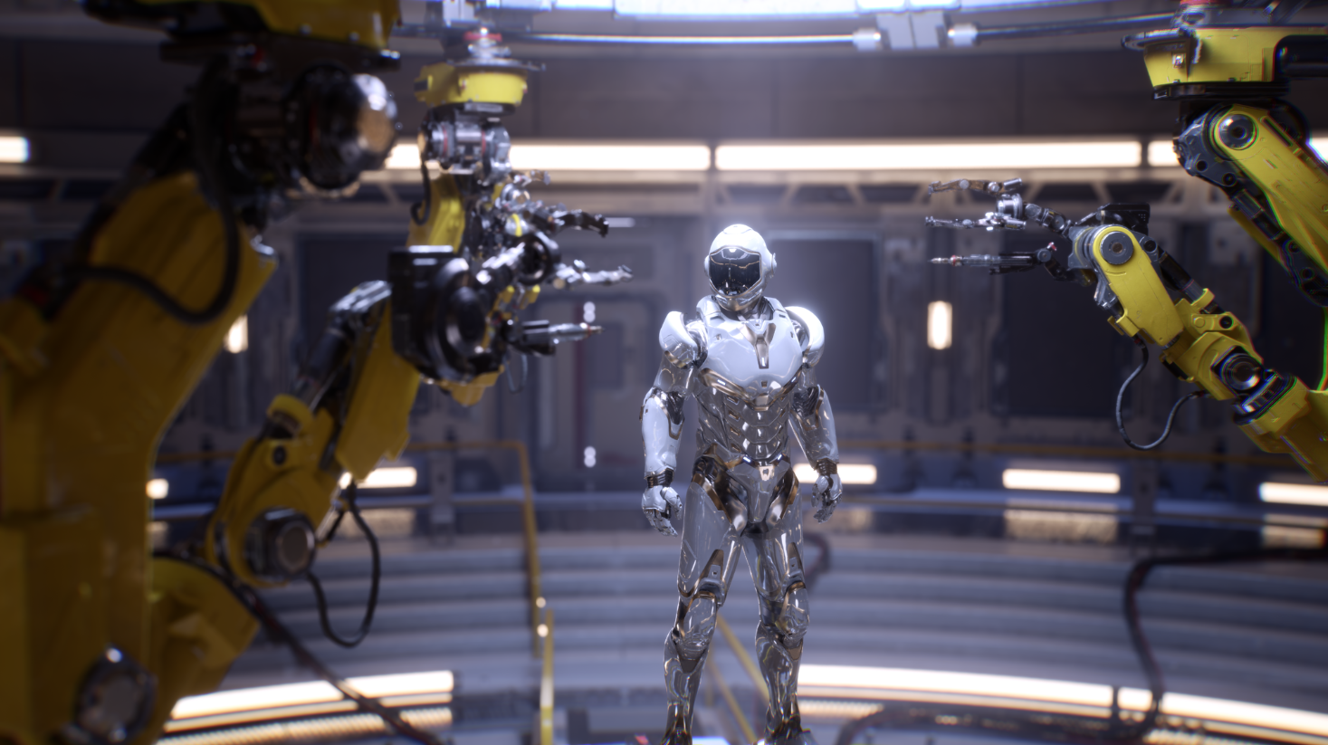 Photorealistic 3D modeling of a human shaped robot with shiny metal and two yellow robot arms 