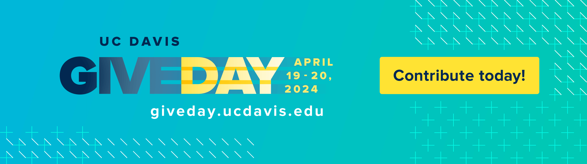 Blue banner with text that reads UC Davis Give Day April 19-20, 2024 Contribute Now