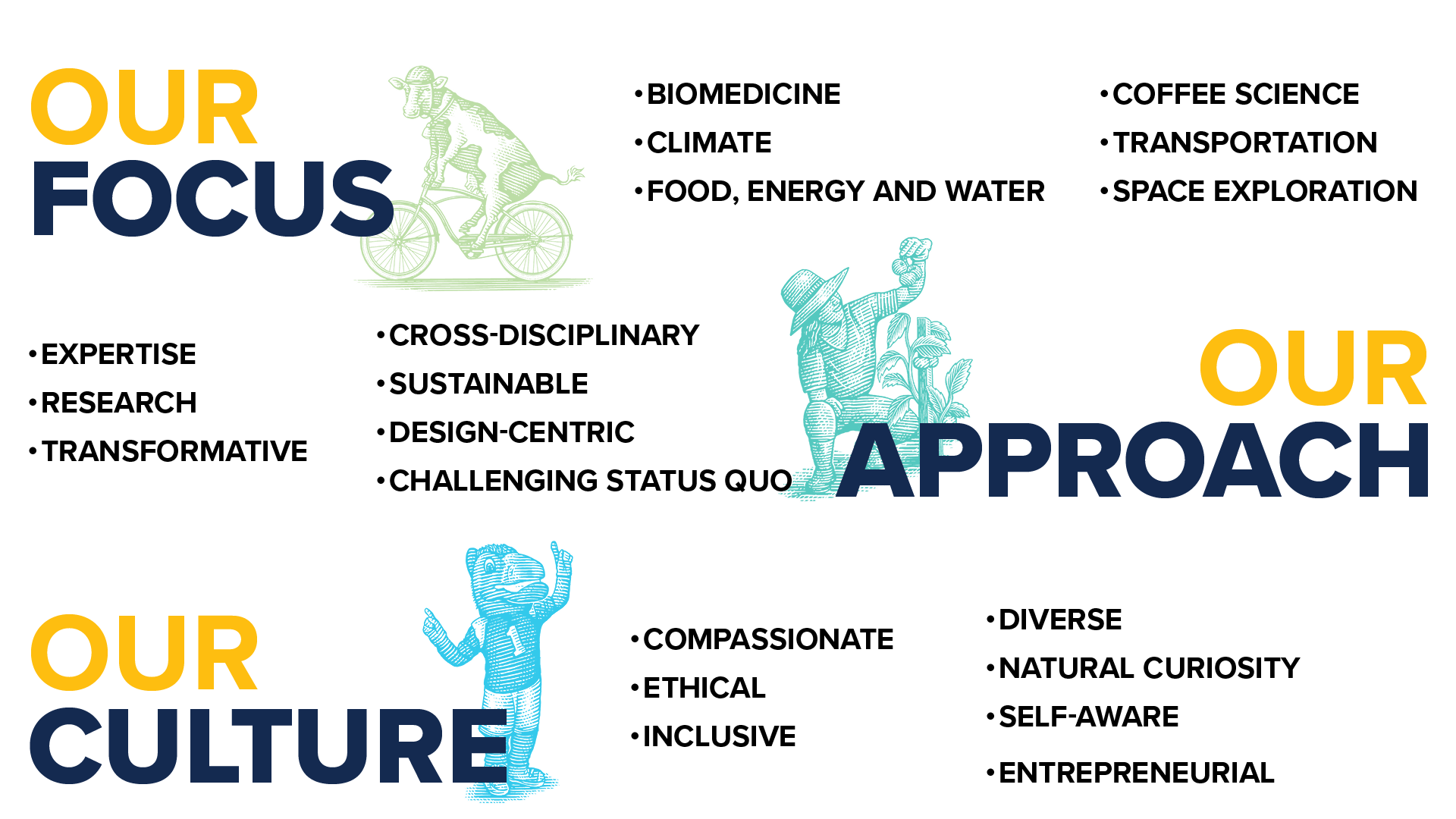Our Focus: biomedicine; climate; food, energy and water; coffee science; transportation; space exploration. Our Approach: expertise; research; transformative; cross-disciplinary; sustainable; design-centric; challenging status quo. Our Culture: compassionate; ethical; inclusive; diverse; natural curiosity; self-aware; entrepreneurial