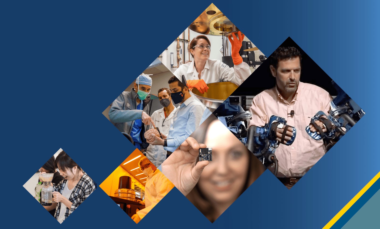 Blue background with diamond shaped photos of researchers and engineers