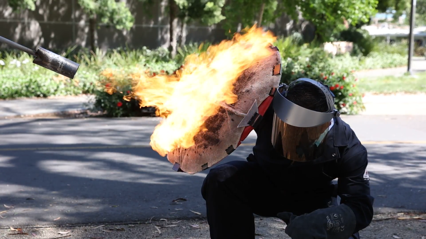 Blocking fire with a shield made at UC Davis