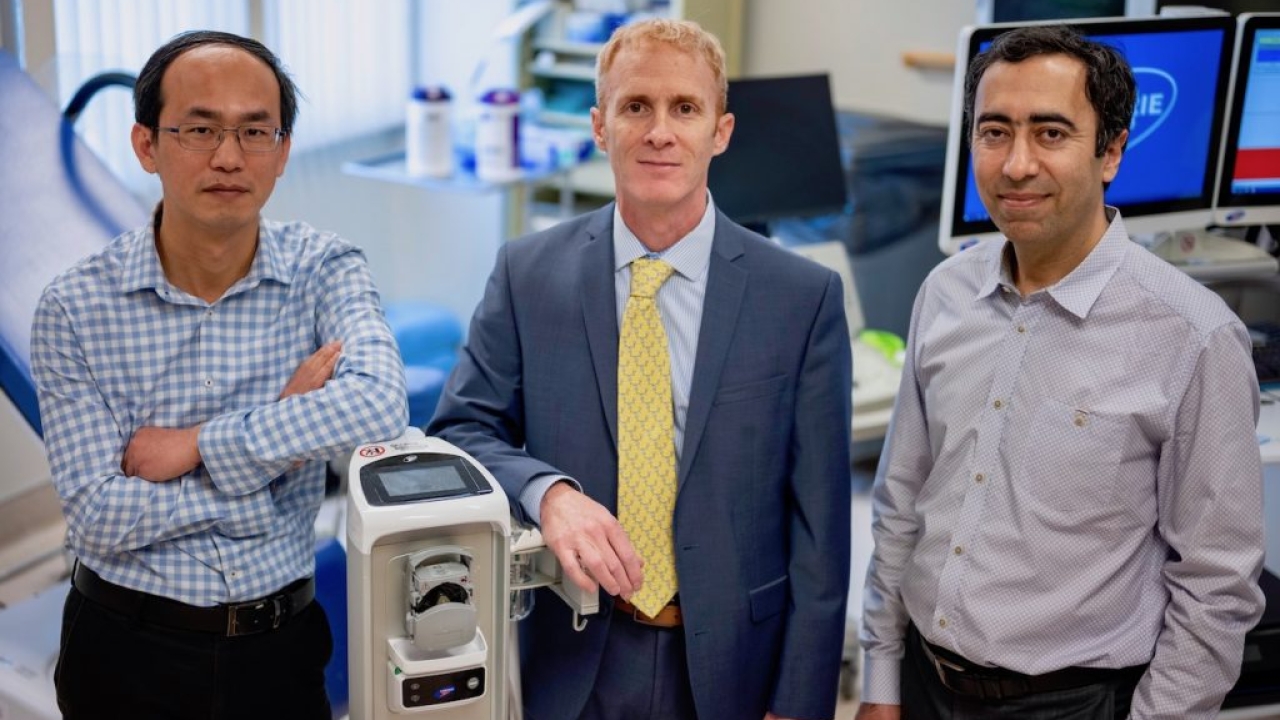 Lifeng Lai, Eric Kurzrock and Soheil Ghiasi, pictured in the Department of Urologic Surgery at UC Davis Health, are developing a wearable biosensor that can monitor bladder fullness for people with spinal cord injuries. (Wayne Tilcock/UC Davis Health) Lifeng Lai, Eric Kurzrock and Soheil Ghiasi, pictured in the Department of Urologic Surgery at UC Davis Health, are developing a wearable biosensor that can monitor bladder fullness for people with spinal cord injuries. (Wayne Tilcock/UC Davis Health)