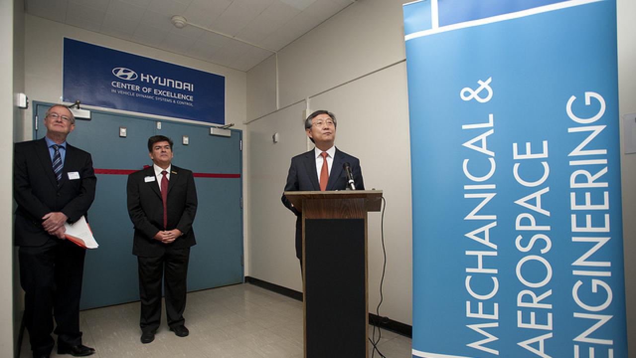 Woong-chul Yang speaking at dedication of Hyundai Center at UC Davis