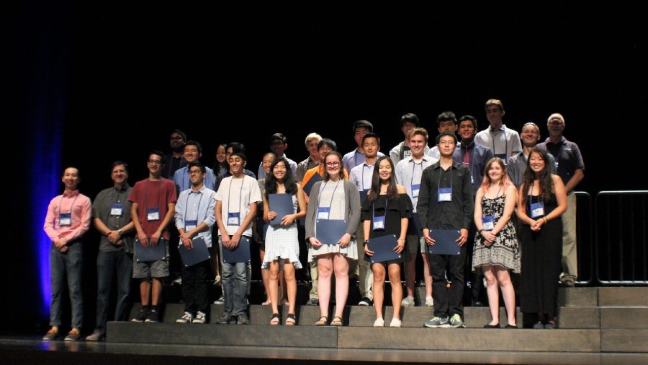 UC Davis mechanical and aerospace engineering professor Niels Grønbech-Jensen poses with the 2018 COSMOS summer graduate group for the program’s physics and engineering cluster. Ixchel Lopez/UC Davis uc davis engineering cosmos summer program stem