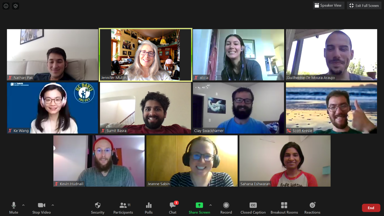The Introduction to Engineering Design (ENG 3) team meets over Zoom to prepare for the final week of classes and the course’s design showcase. Image courtesy of Jennifer Mullin. uc davis engineering remote instruction teaching online