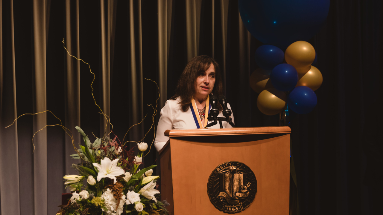 Kimberly Budil speaking at the 2019 Alumni Celebration