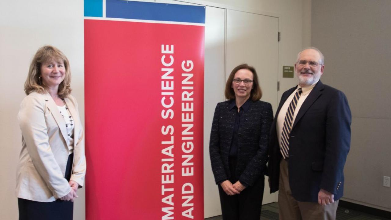 College of Engineering Dean Jennifer Curtis (left), Professor Katherine Faber and Materials Science and Engineering Chair and Professor Jeffery Gibeling (right). Bonnie Dickson/UC Davis