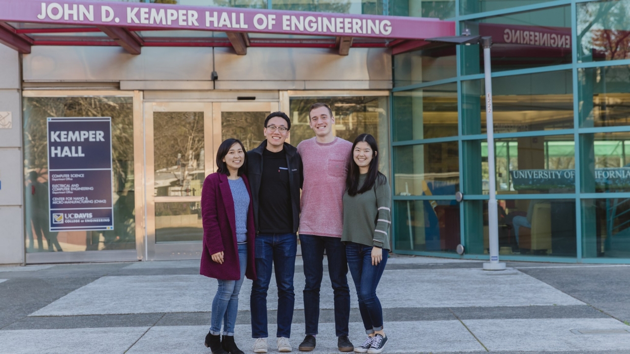 From left to right, undergraduate computer science and engineering students Kim Quach, Thomas George Chen, Jacob Scott Bevilacqua and Lynn Miyashita. Photo: Reeta Asmai/UC Davis. uc davis engineering undergraduate freebites food waste app