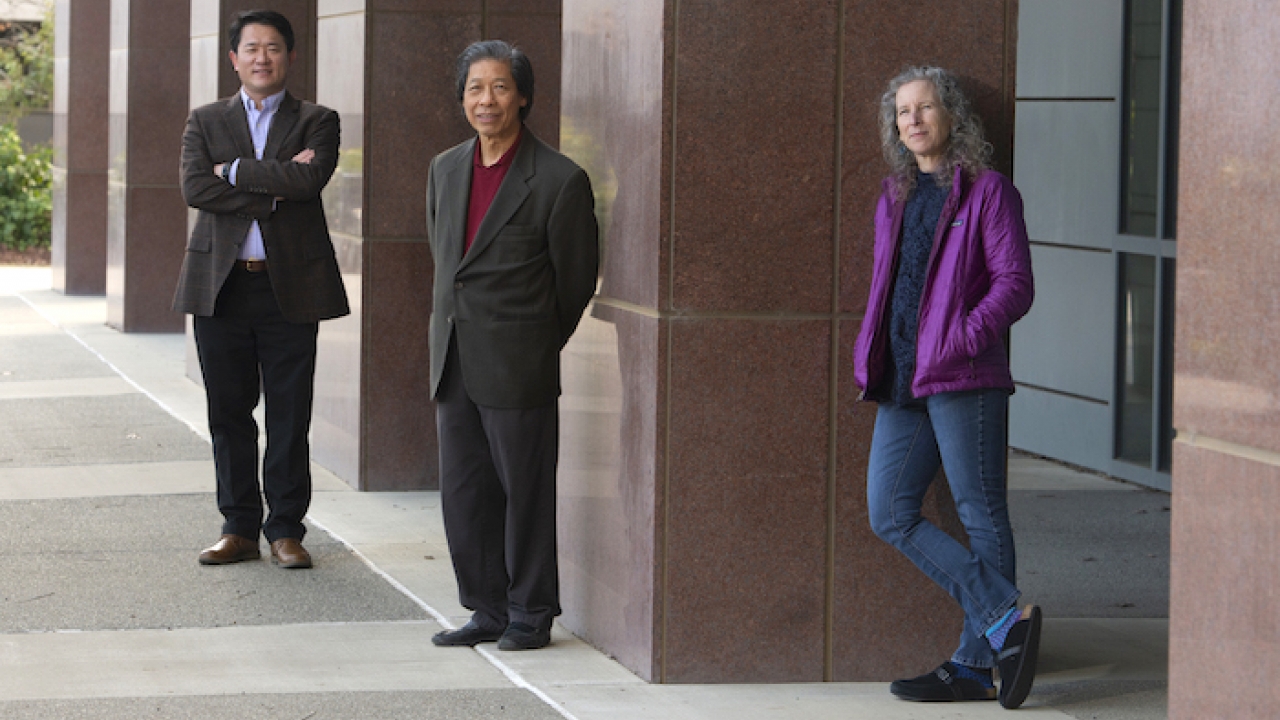 UC Davis Professors Aijun Wang, Kit Lam and Alyssa Panitch stand outside the Genome and Biomedical Sciences Facility