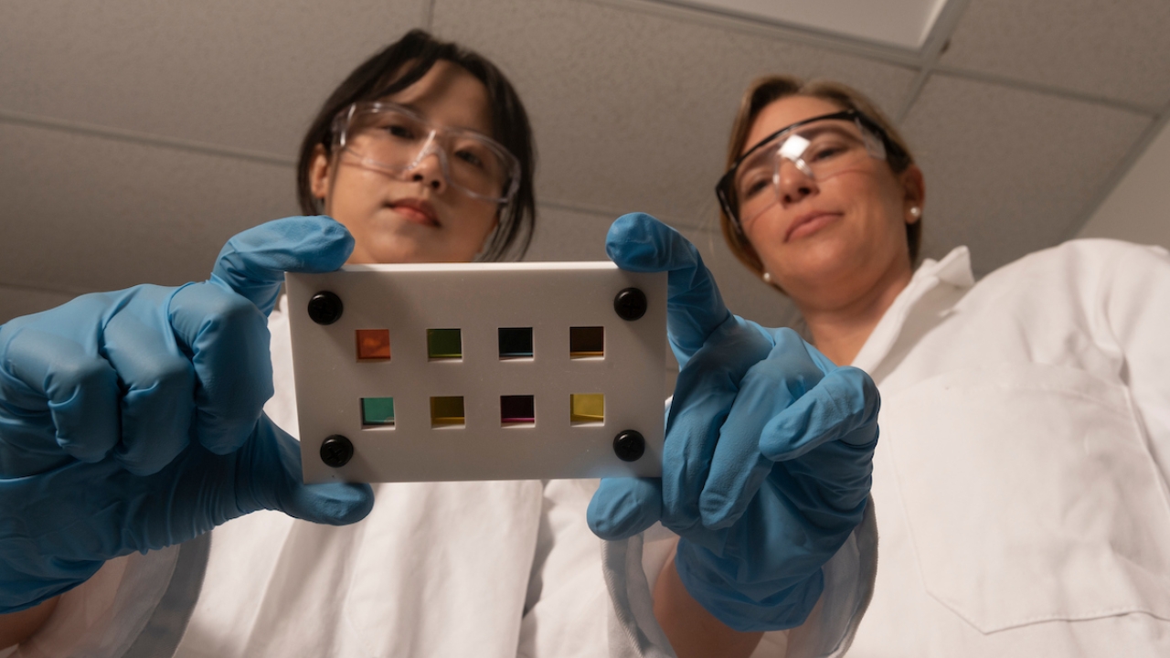 Two researchers stand in a lab looking at a photocell, wearing PPE