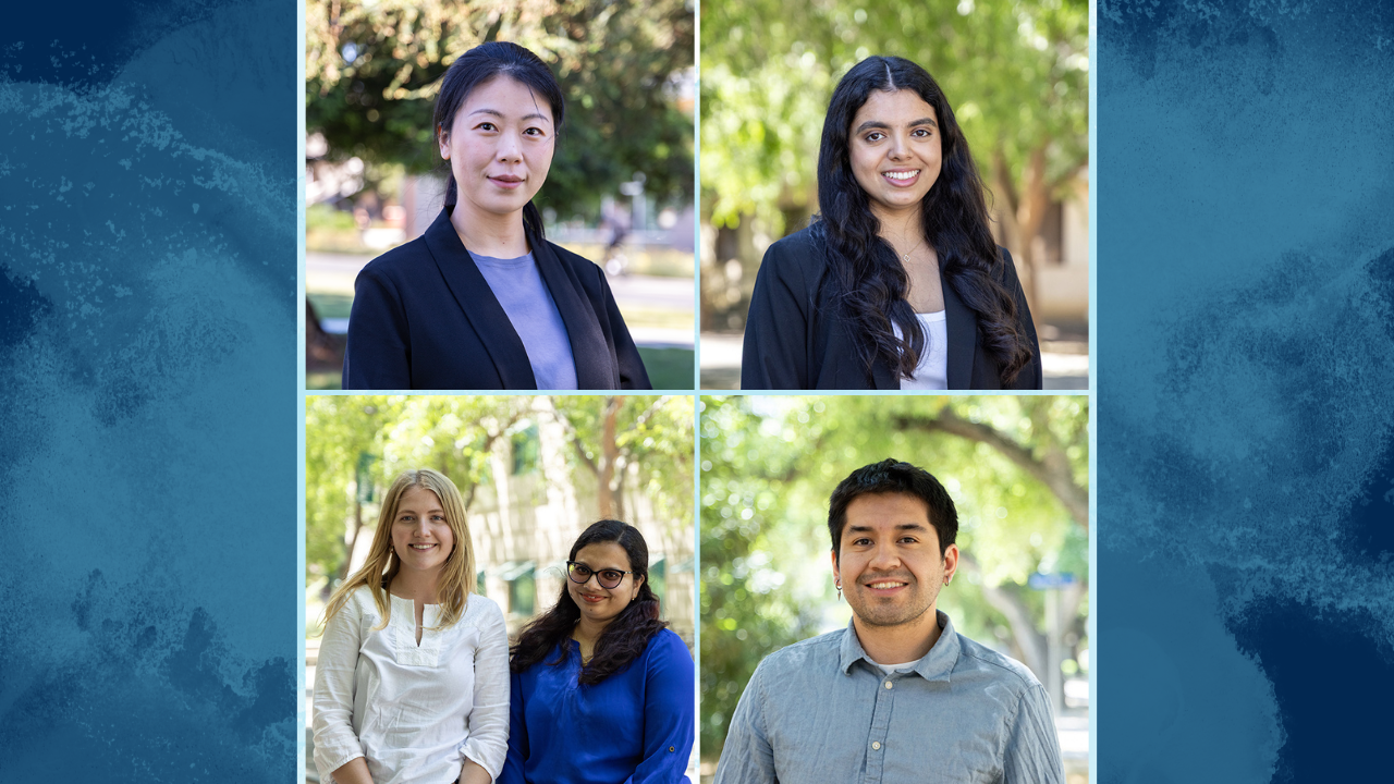 Five awardees on a blue and white background