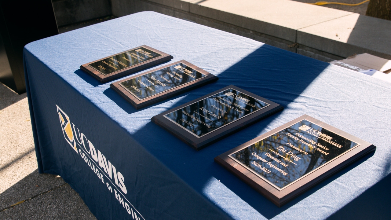 Award plaques on a table