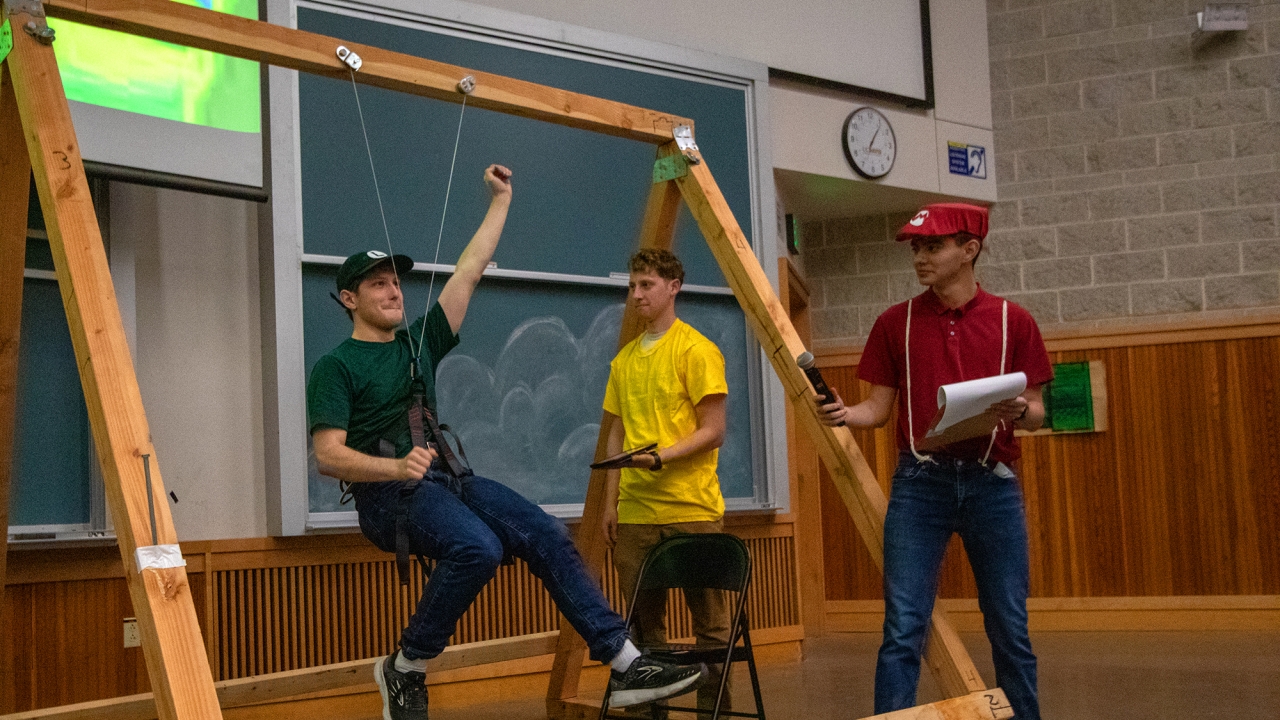 Three people displaying a harness swing