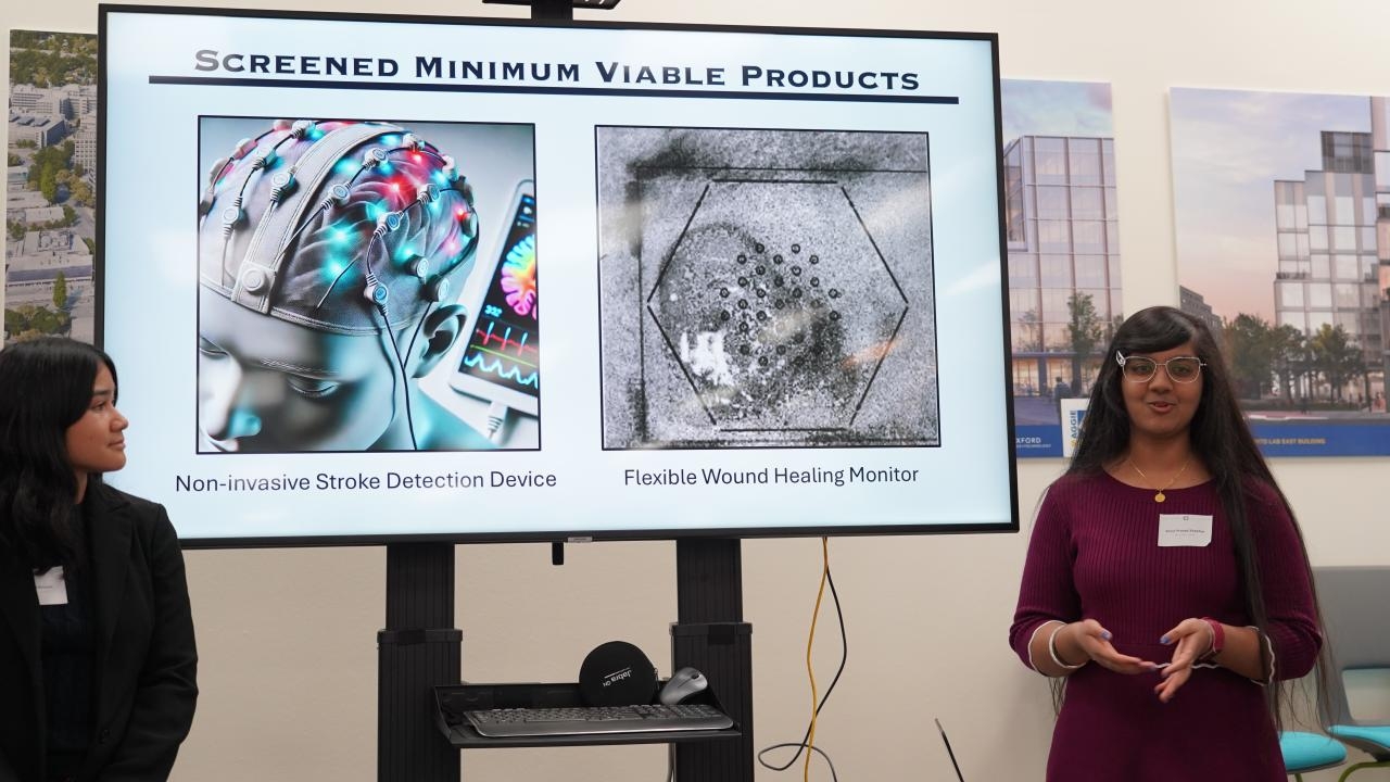Two students, one dressed in black and one dressed in purple talking in front of an image of medical devices on a screen