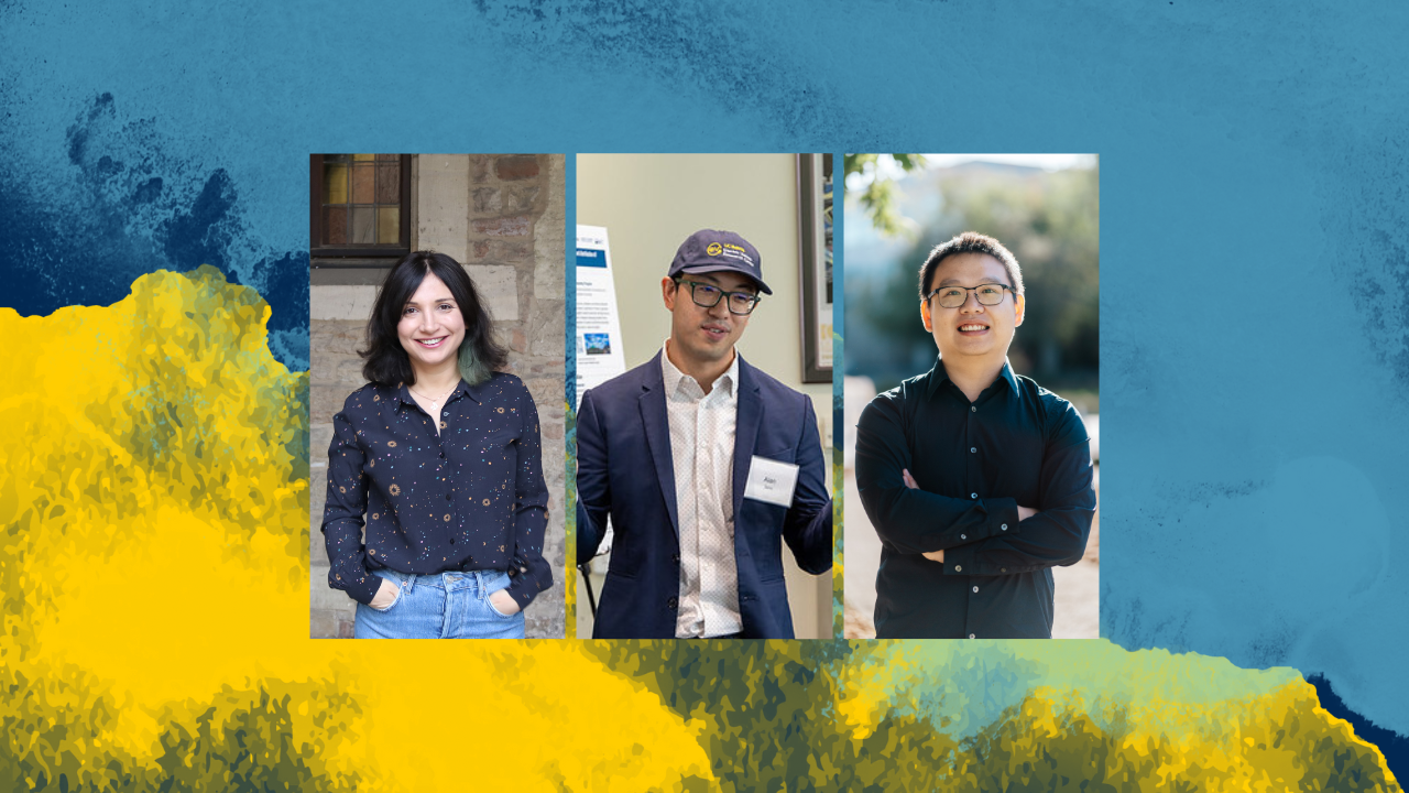 Three individuals are featured in separate portraits arranged side by side against a blue and yellow abstract background. On the left, a woman with shoulder-length dark hair and green highlights smiles with her hands in her pockets, standing in front of a stone wall. In the center, a man in a blazer, glasses, and a cap stands indoors in front of a poster display. On the right, a man in a black shirt and glasses smiles with arms crossed, outdoors with soft natural light and greenery in the background.