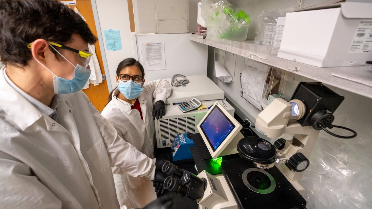 A man and woman wearing lab coats and protective goggles stand over lab equipment