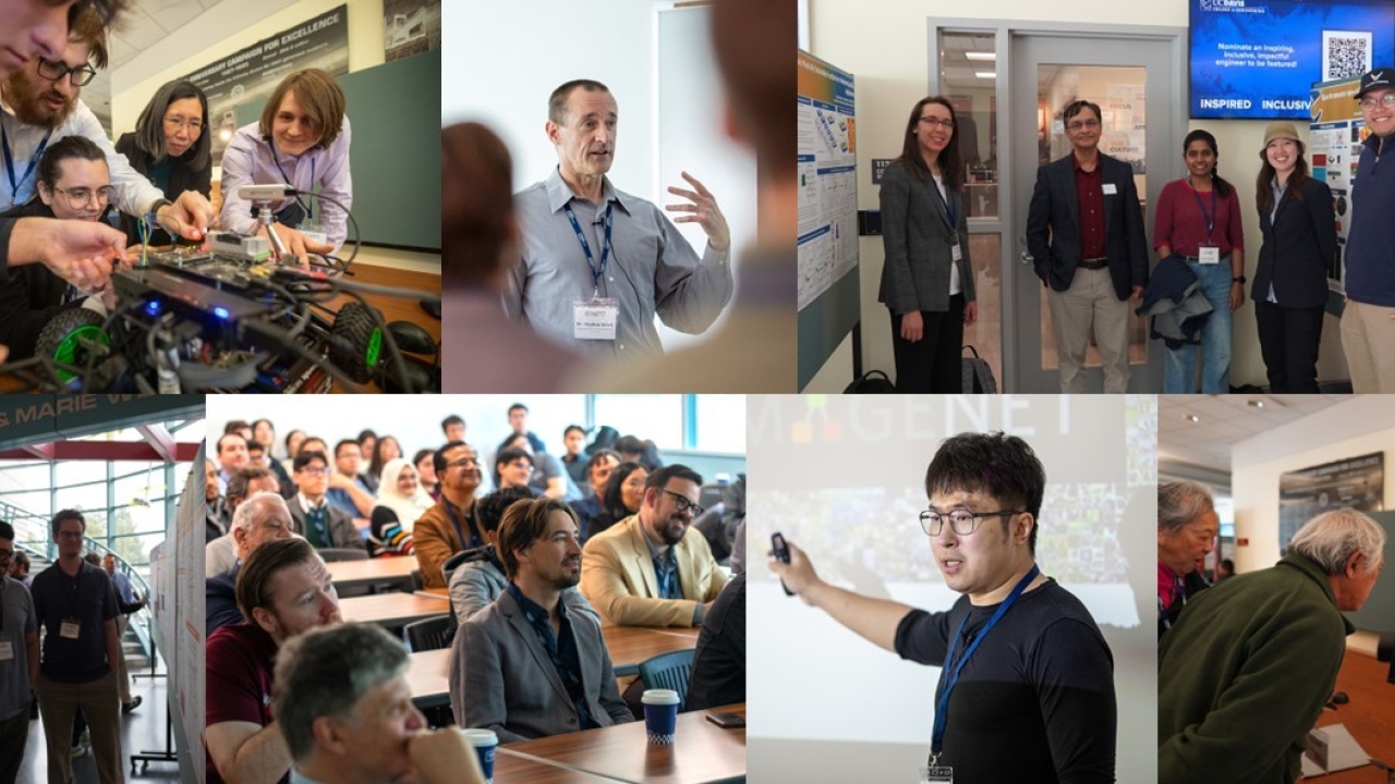 A collage of students, professors, and speakers engaging with each other