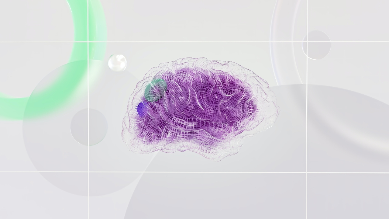 A gray background with a purple brain in the center, illustrated and reminicent of artificial intelligence