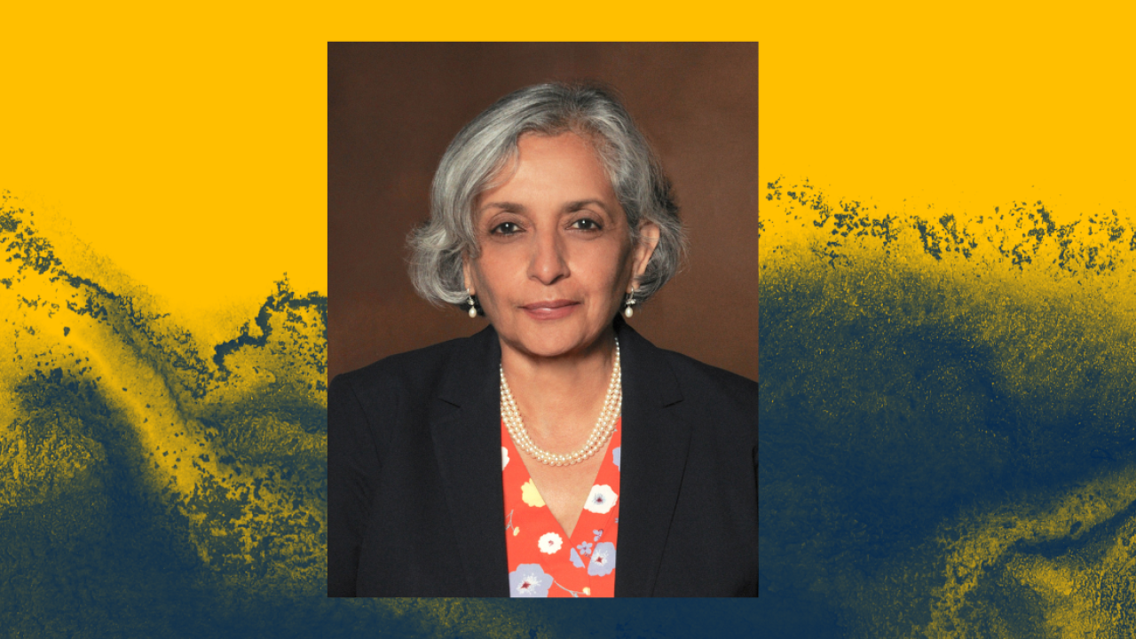 A portrait of Jayathi Murthy on a blue and yellow swirly background