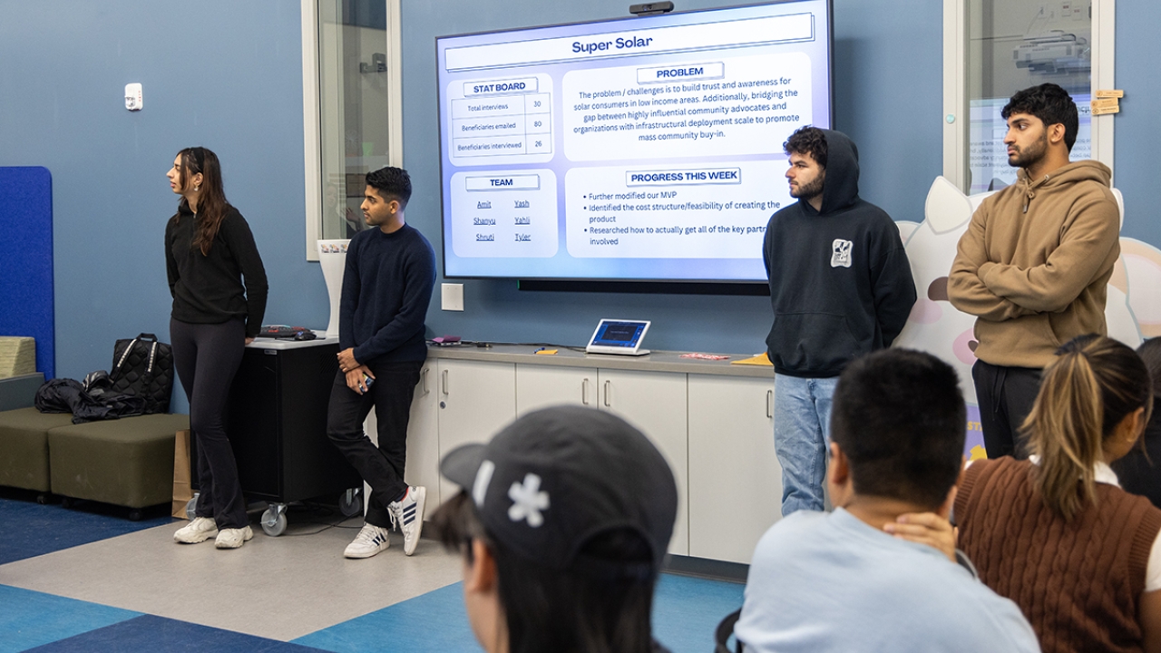 People stand in student startup center