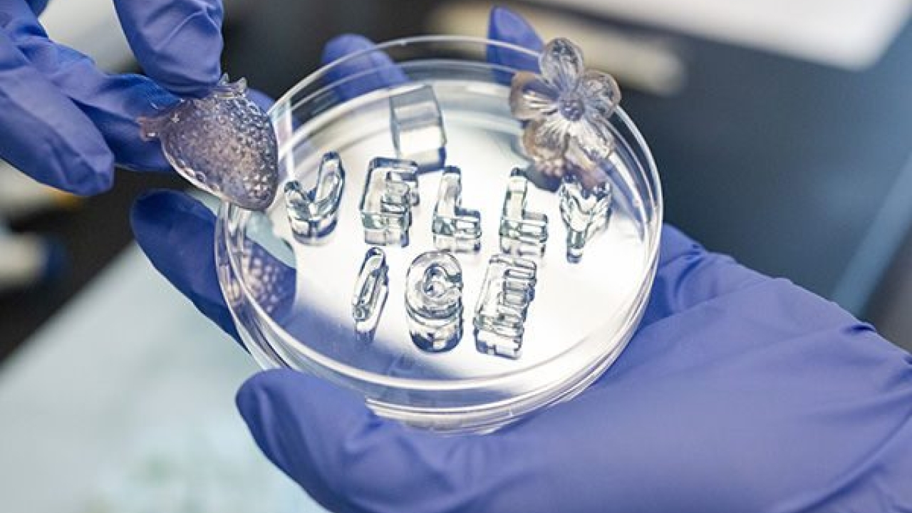 A petri dish with jelly ice that spells its name, being held by gloved hands