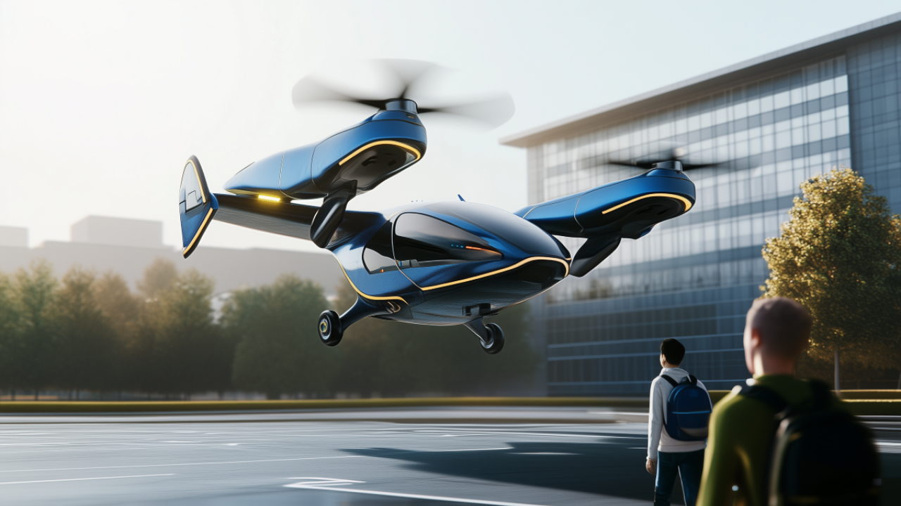 A digitally generated image of two students wearing backpacks walking toward an electric vertical takeoff and landing vehicle