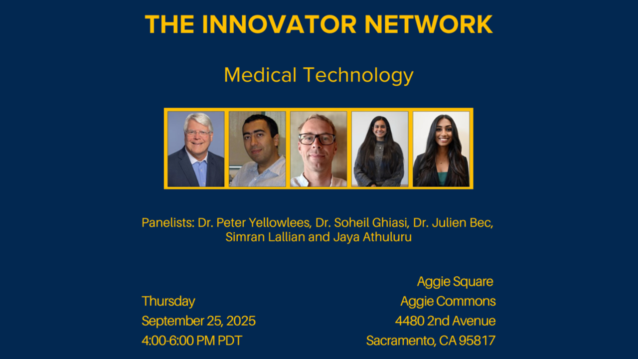 A graphic promoting the event. It includes the name of the event, the date and time, location, and a list of panelists that reads "Dr. Peter Yellowlees, Dr. Soheil Ghiasi, Dr. Julien Bec, Simran Lallian and Jaya Athuluru", alongside portraits of the panelists.