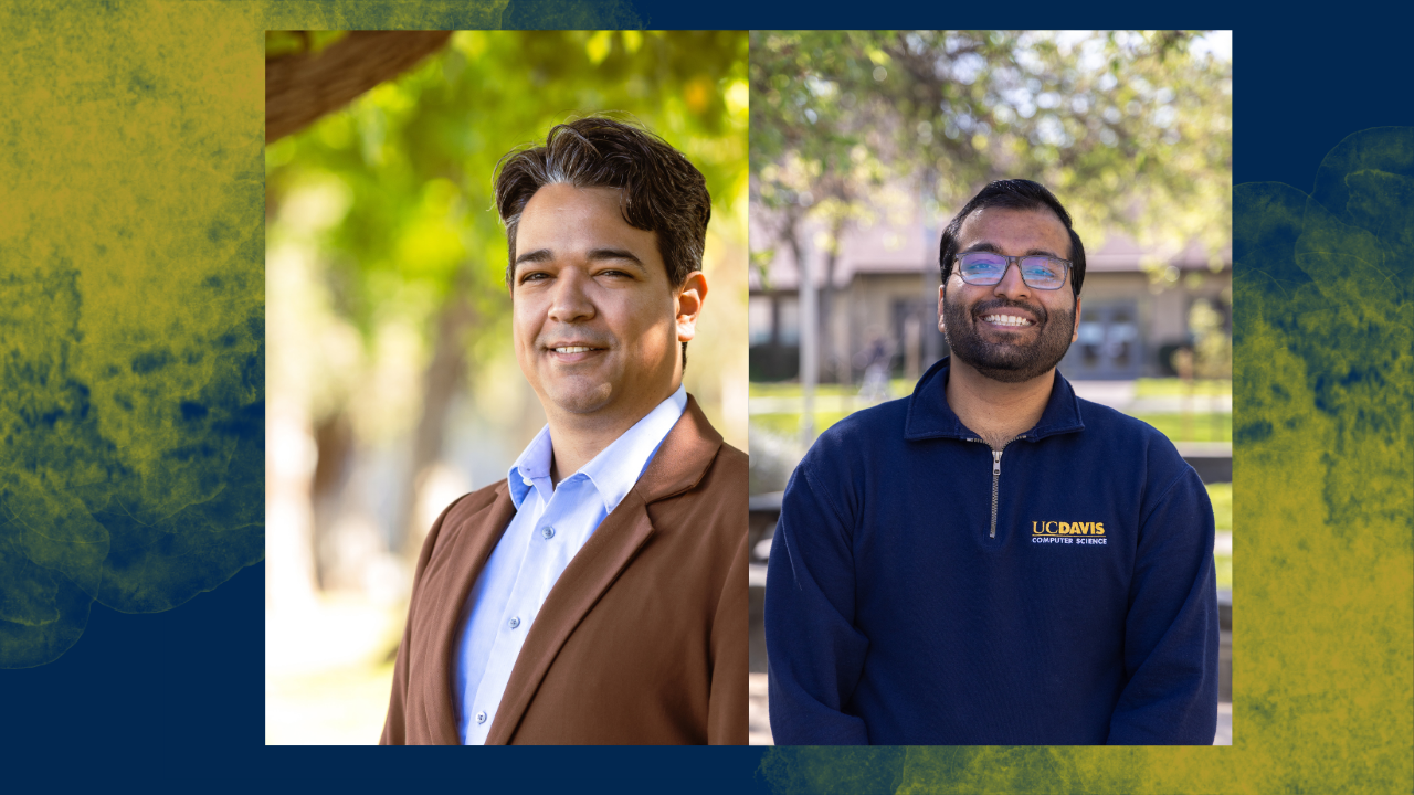 Alexander Gamero-Garrido wears a brown sport coat and stands in front of a natural background; Nishant Acharya wears a UC Davis three-quarter zip sweatshirt that says "UC Davis Computer Engineering in gold and white lettering." 