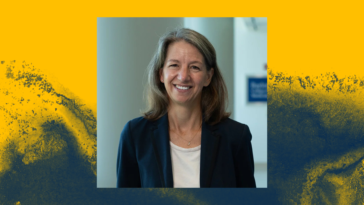 Rebecca Richards-Kortum: Smiling woman with long hair in a dark blazer and white shirt stands indoors against a yellow and dark blue abstract background.