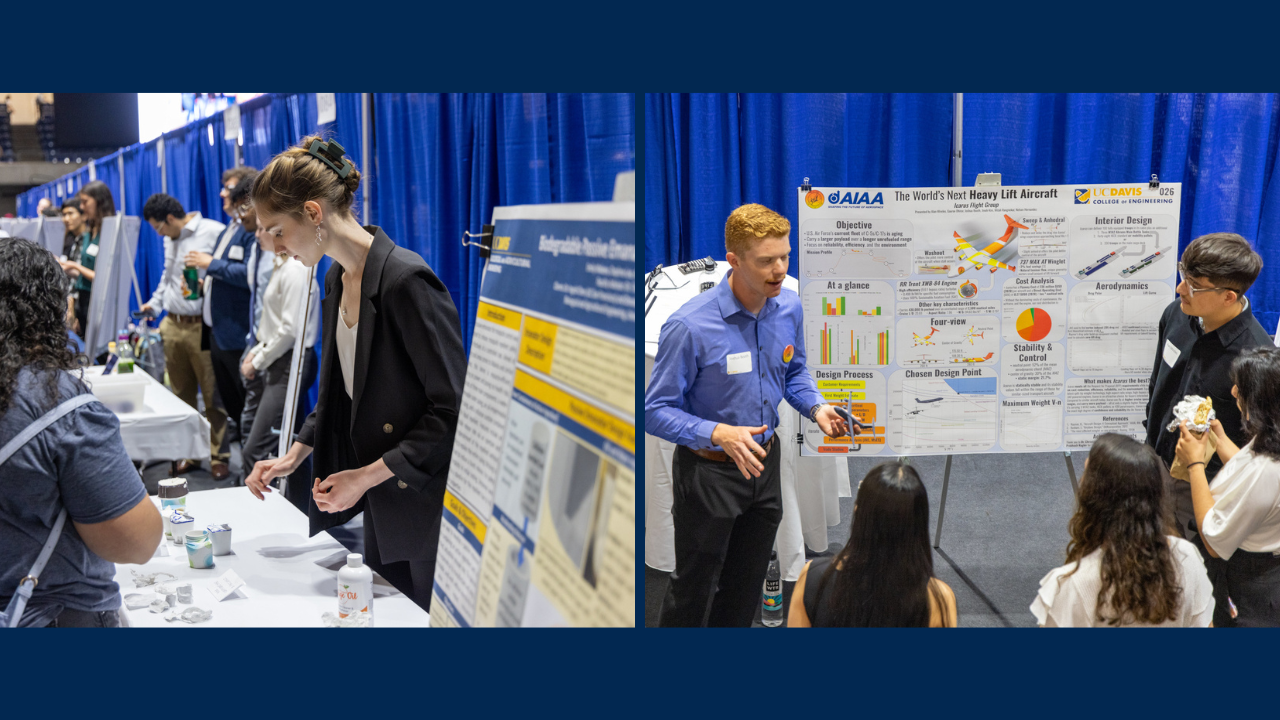 Two image collage of students presenting at the Engineering Design Showcase at UCD