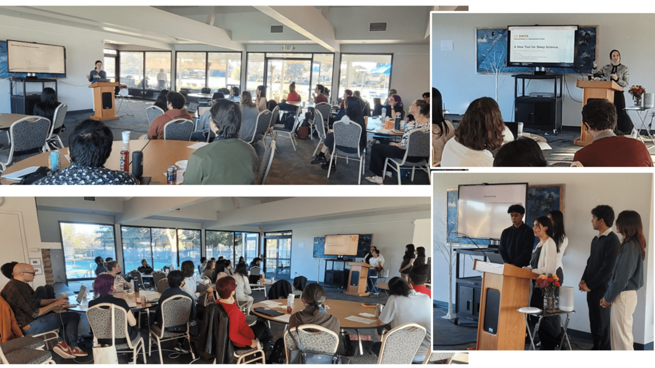 A photo collage of people in a conference room watching and giving presentations