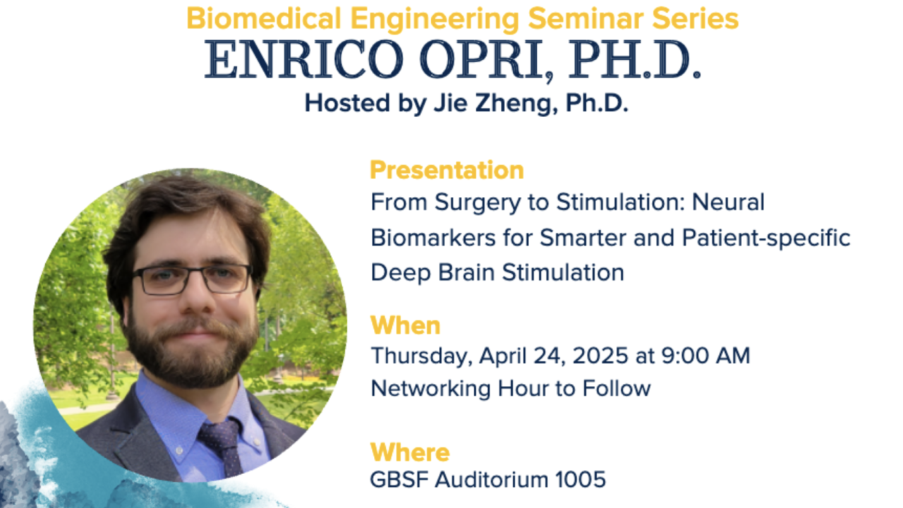 A graphic of the seminar with a photo of Enrico Opri