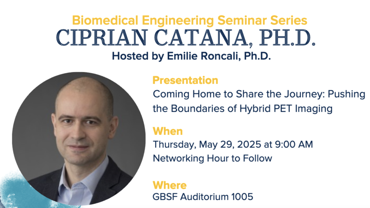 A graphic of the event with a photo of Dr. Ciprian Catana