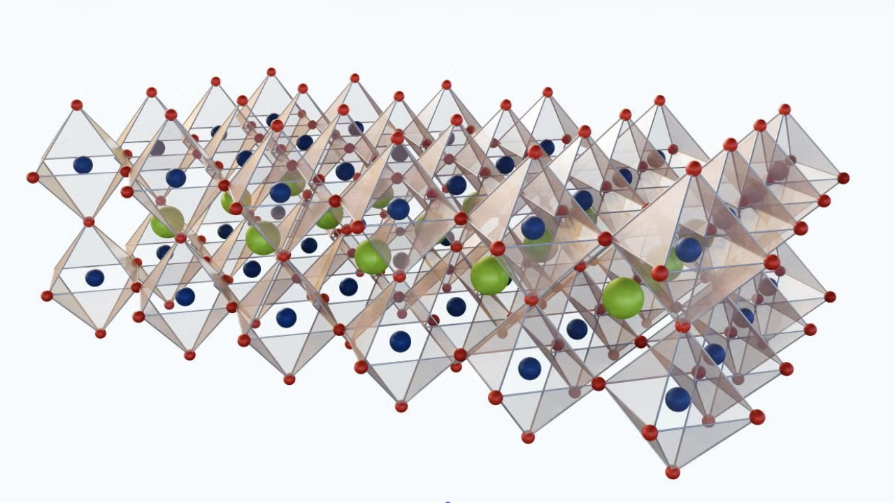 3D model of a perovskite crystal lattice with colored spheres representing atoms in a structured arrangement.