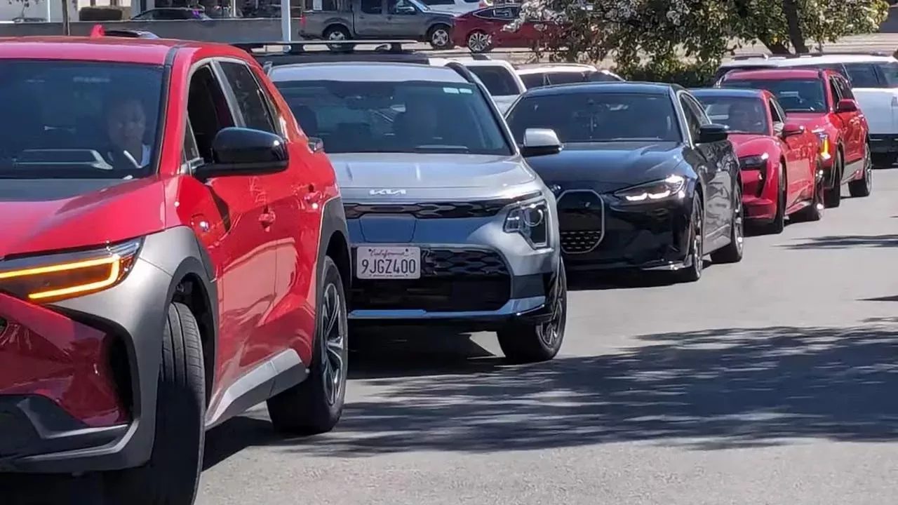Cars waiting to charge at a center in San Diego