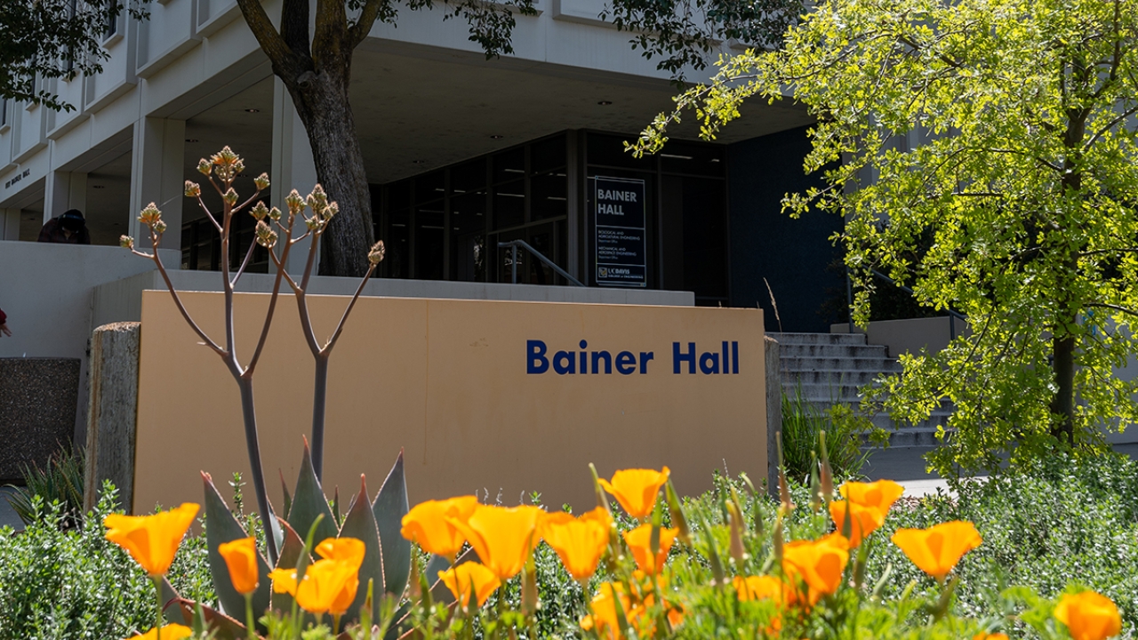 Bainer Hall at UC Davis with poppies in bloom
