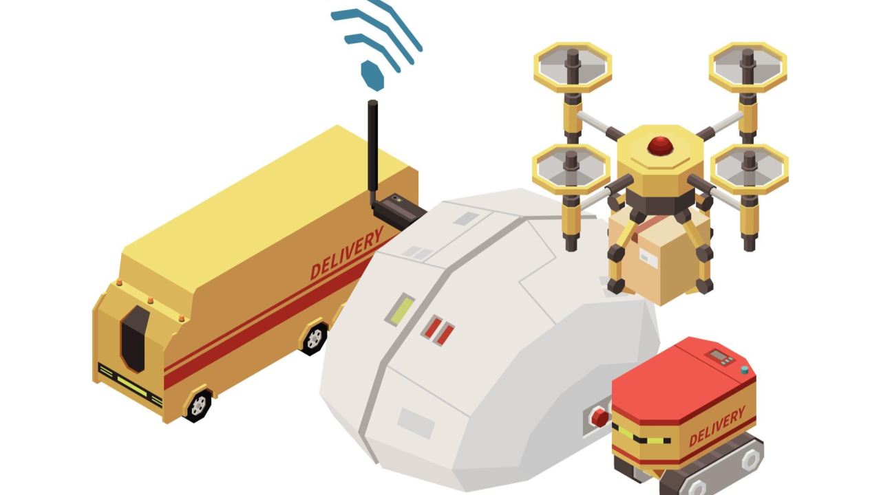 Four illustrated yellow, white, and red delivery robots